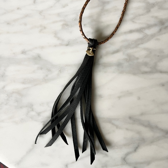 Handcrafted Leather Tassel Necklace with Braided Cord & Brass Eye Charm - Picture 2 of 5
